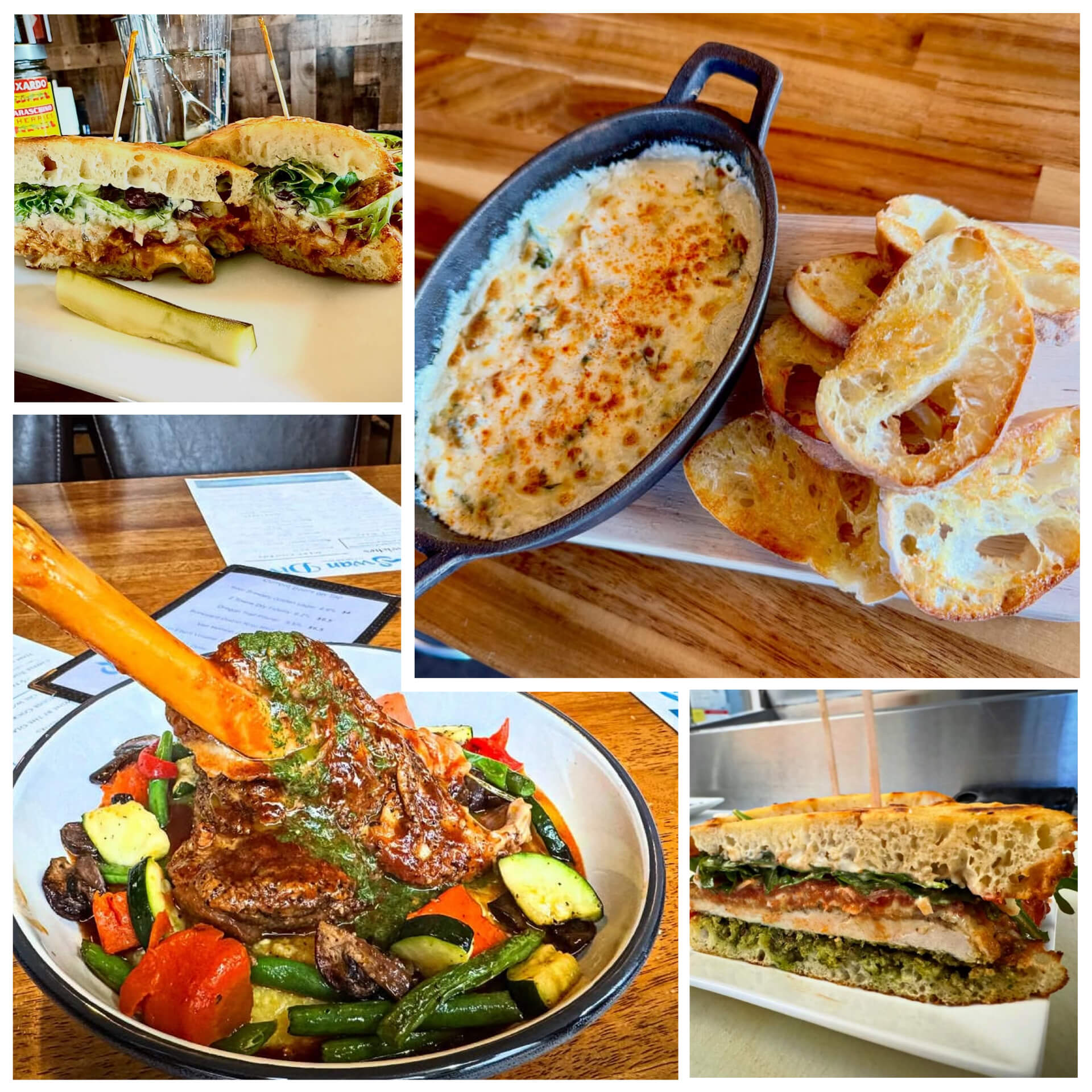 A collage of four dishes including a shredded meat sandwich, a baked cheese dip served with toasted baguette slices in a cast-iron pan, a roasted meat shank topped with green sauce over vegetables, and a chicken pesto sandwich.