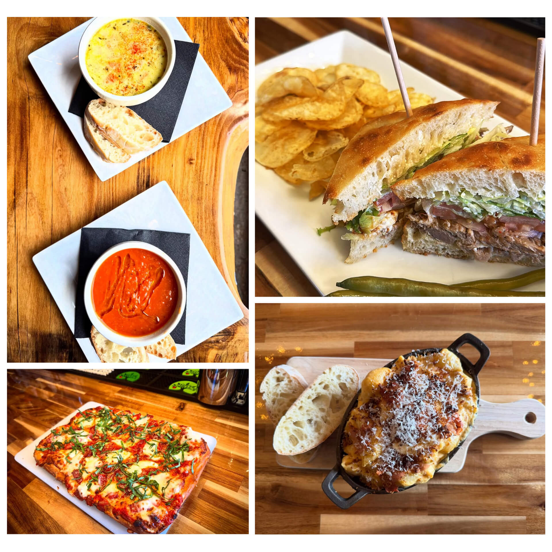 A collage of four dishes showing bowls of creamy soup and tomato soup, a sandwich served with potato chips, a square pepperoni and basil flatbread, and macaroni and cheese baked in a mini cast-iron skillet.